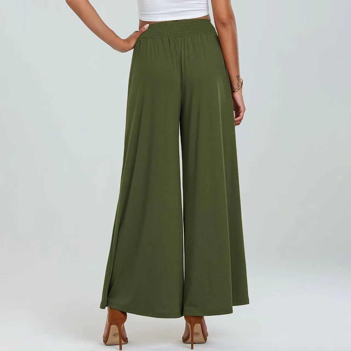 Women's Elastic Long Palazzo Pants Casual Urban Style Tie Detail Polyester Blend Woman Clothes Female Clothing Women's And