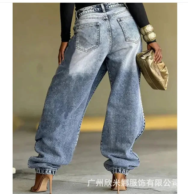 2026 New Summer Women's Washed Ripped Jeans Loose Straight Leg Drawstring Ankle Tied Casual Denim Pants For Daily