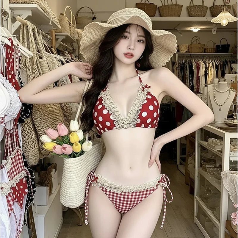 Women Summer Sexy Polka Dot Lace Ruffle Bow Halter Tie Bikini Tummy Control Slim Split Swimsuit Beach Vacation Pool Bathing Suit