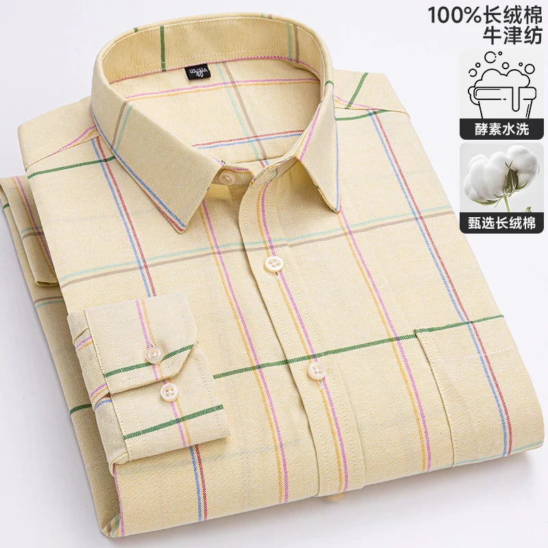 S-6XL Oxford Shirts for Men Long Sleeve Pure Cotton Solid Stripe Leisure Embroidered Horse Streetwear Business Plain Office 6XL