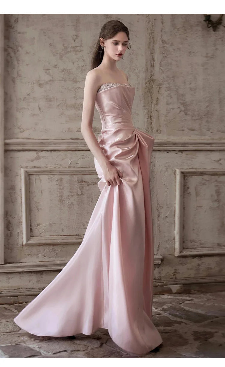 DEAT Fashion Pink Patchwork Sequined Strapless Dress Women's Slim Fit Waist Contraction Flods Floor-length Dresses New  7A2987