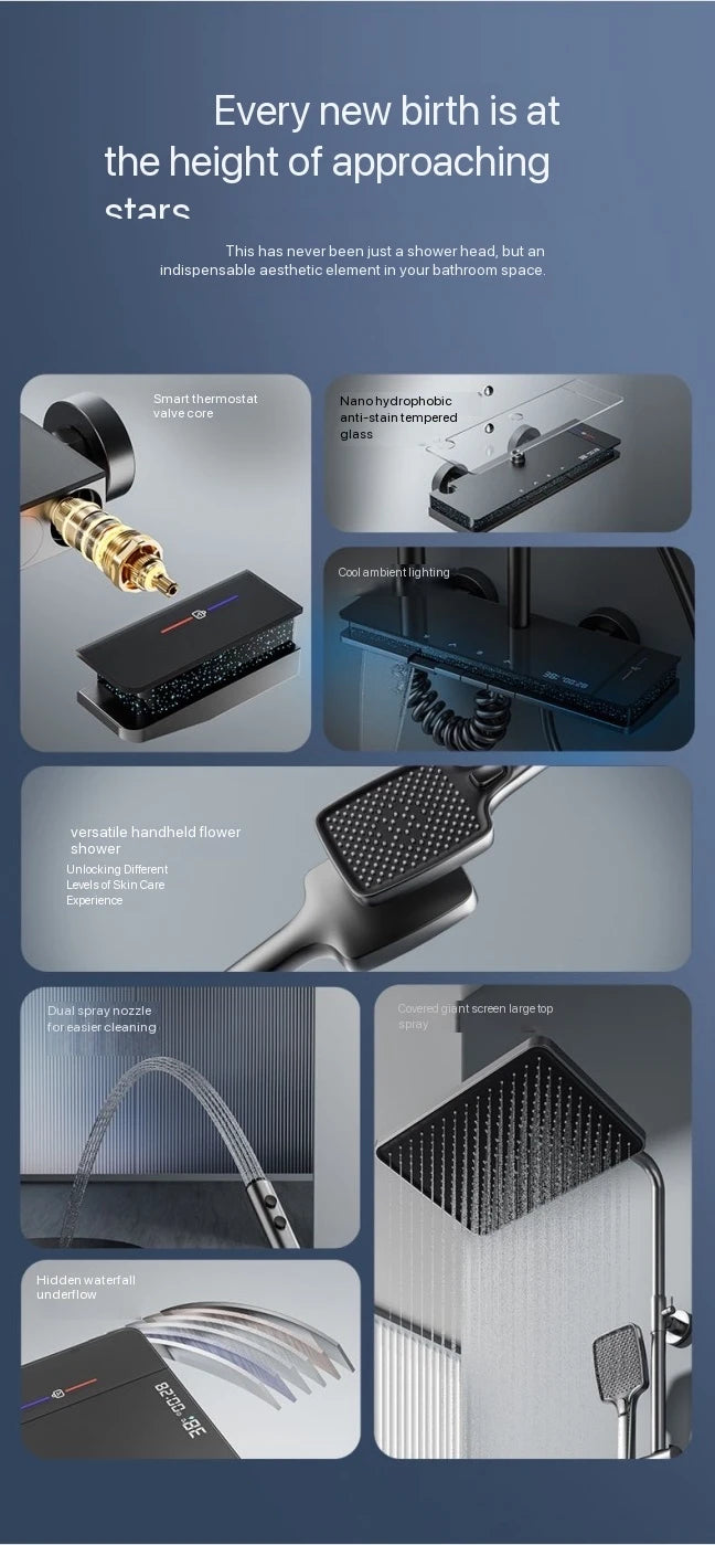 Gray Piano Button Ambient Light Bathroom Shower Full Set Digital Display Shower System Sets Rain Faucets Shower Head