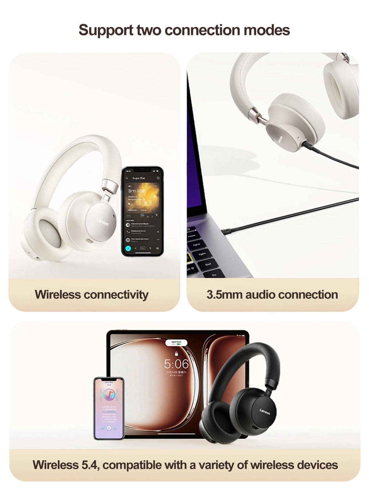 Lenovo TB300 Bluetooth 5.4 Over Ear Headset Noise Reduction Mic 190g Light Soft Earpads 400mAh Battery 3.5mm Wired Headphones
