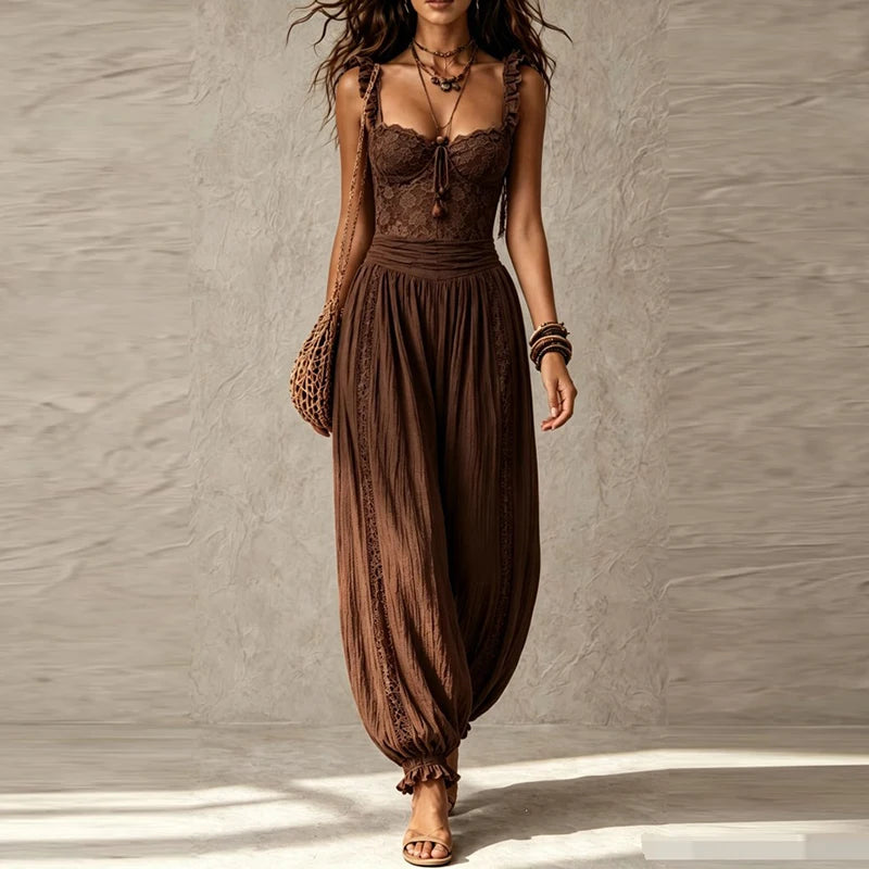 Sexy V-neck Lace Trim Spaghetti Strap Jumpsuits Women Elegant Ruffle Waist Solid Playsuit Overalls Casual Sleeveless Long Romper