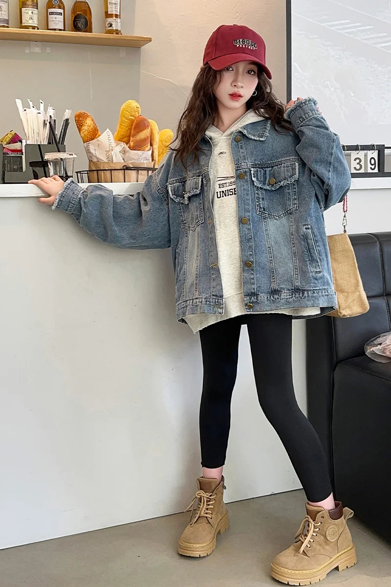 Girls Denim Jacket Spring Autumn 2026 New Style Casual Versatile Loose Button Down Jean Coat Fashion Children's Clothing
