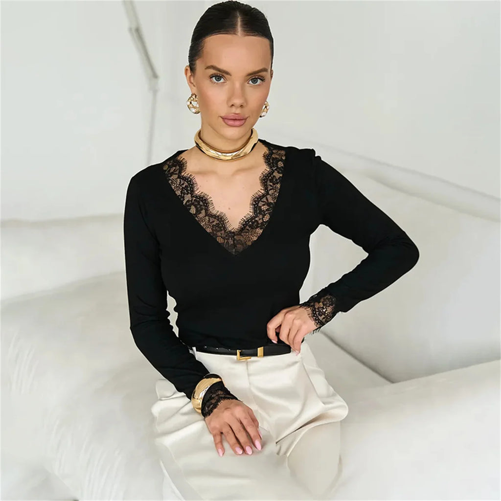 Sexy V-Neck Long Sleeve T-Shirt Women Fashion Lace Patchwork Solid Color Bottoming Shirt Spring Summer Stretch Slimming Base Tee