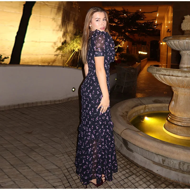 Elegant Printed Lace Trim V-Neck Dress Women Puff Sleeve Ruffled Hem Slit Maxi Dresses 2026 Summer New Lady Fashion Evening Wear