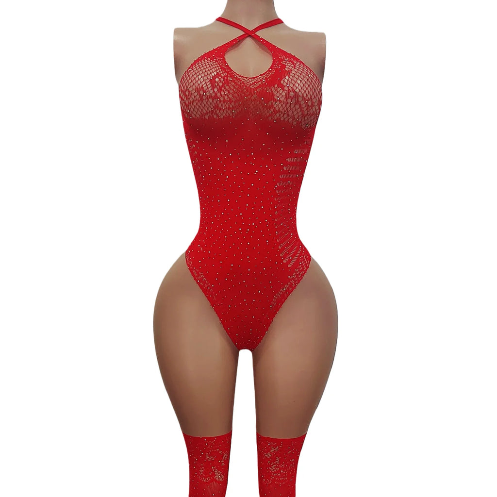 Sexy lingerie hot women red Elastic tight fitting rhinestone teddy and stockings underwear sets intimate nightgown