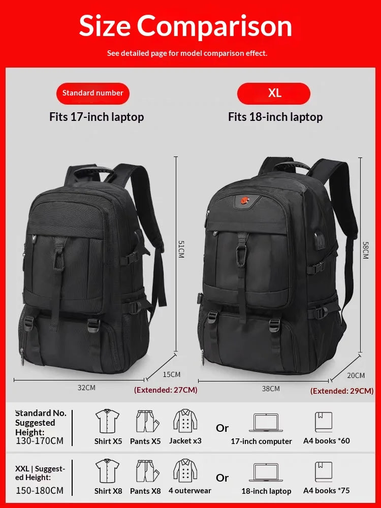 50L 80L Men's Large Travel Backpack, Separate Shoe Compartment Waterproof Business Backpack Outdoor Sports Black Storage Bag