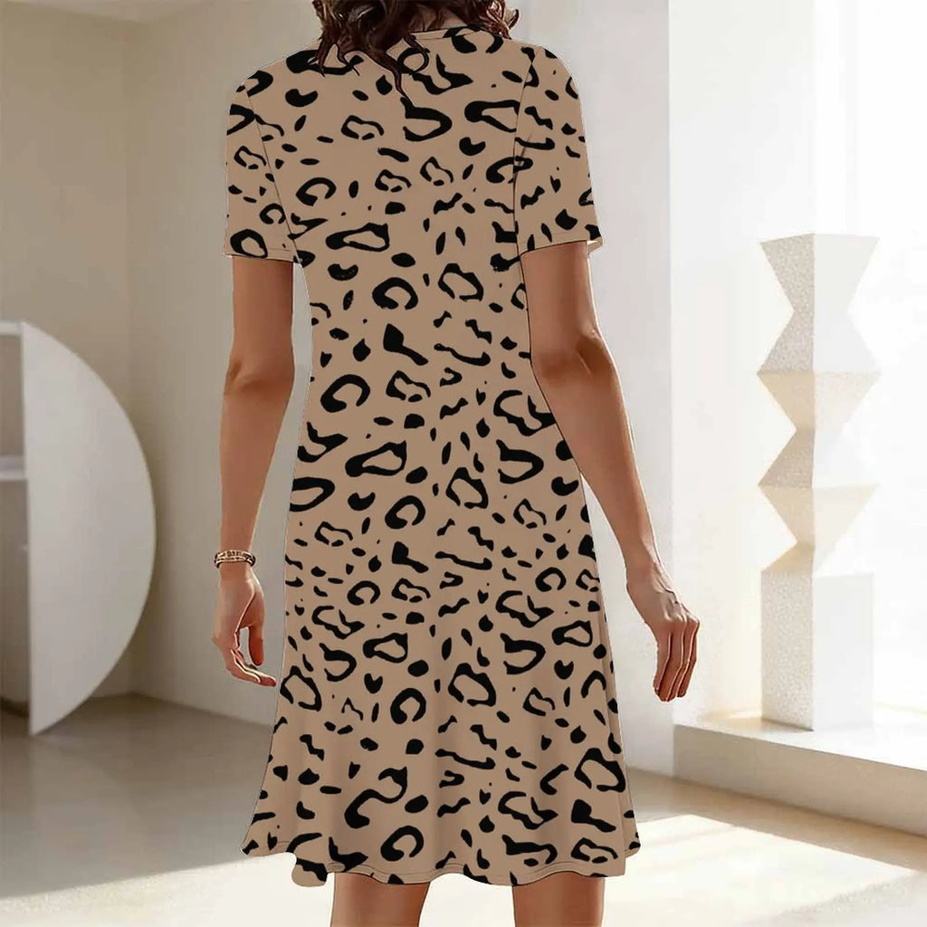 Women's Classic Leopard Print Short Sleeve Round Neck Midi Dress Loose Casual A Line Daily Wear Dress