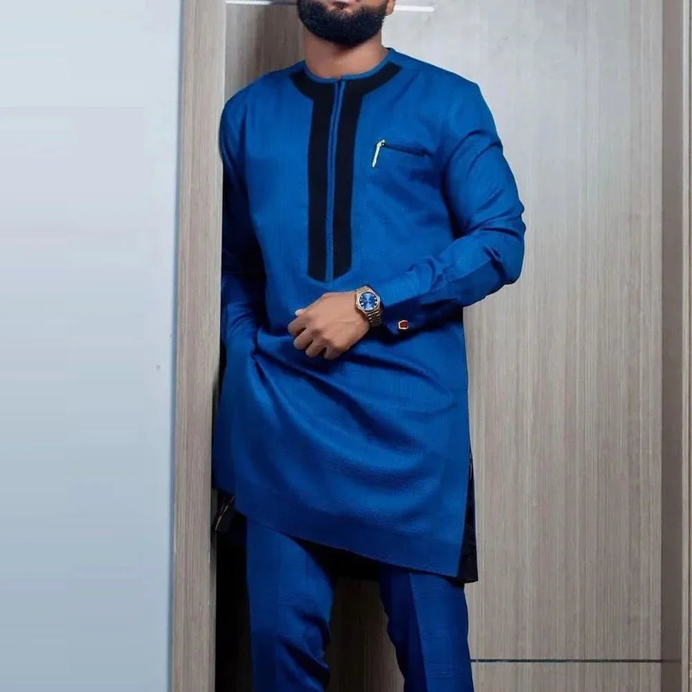 Kaftan Elegant Men's Suit Long Sleeve Ethnic Style Casual EmbroideryTop And Pants 2PCS Sets African Fashion Traditional Outfits
