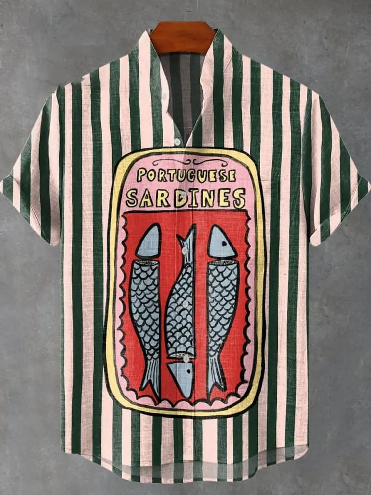 Men's Summer Casual Art Fish Pattern Printed Linen Short Sleeved Shirt, Comfortable And Fashionable Button Up Men's Top