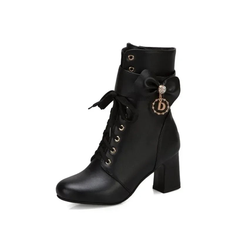 Winter Fashion British Style Round Head High Heels Women Boots Black White Pink Sweet Butterfly-Knot High Heels Women Boots