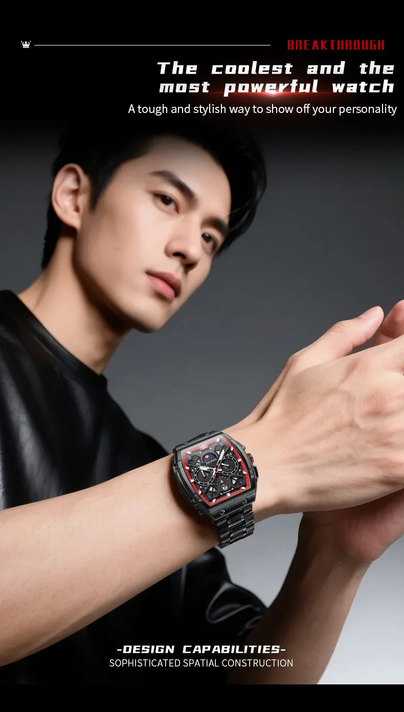 OLEVS 2942 New Mens Watch Tonneau Quartz Watch Stainless Steel Waterproof Sports Moon Phase Date Watches For Man Original Reloj