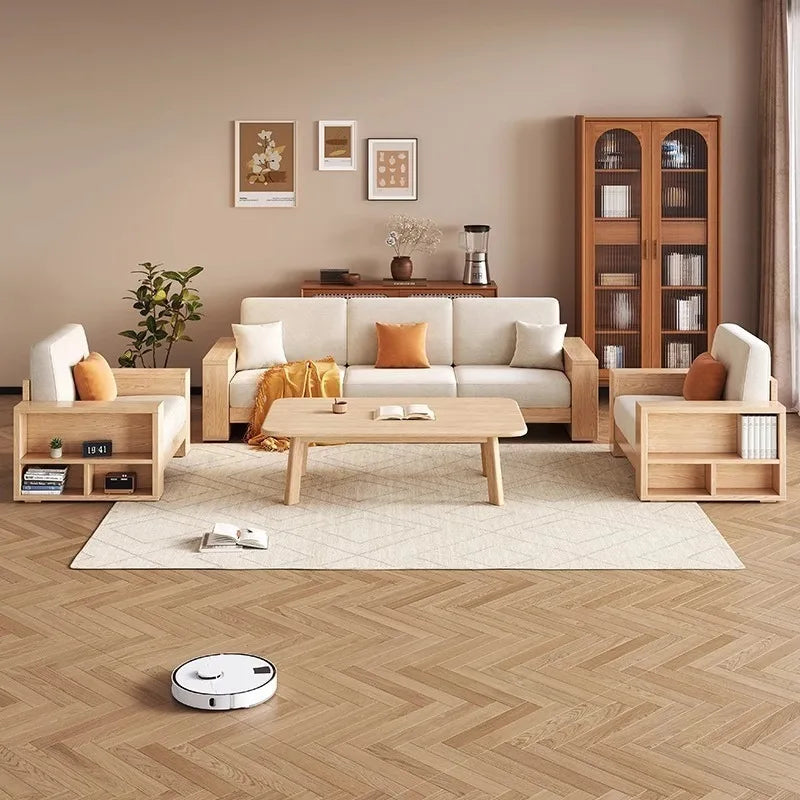 White wax solid wood sofa combination, small apartment winter and summer modern living room dual-use