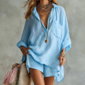 Women Spring Summer Casual Lapel V Neck Shirt Top And Shorts Two-Piece Sets Elegant Holiday Outfits Solid Ladies 2PC Loose Suits
