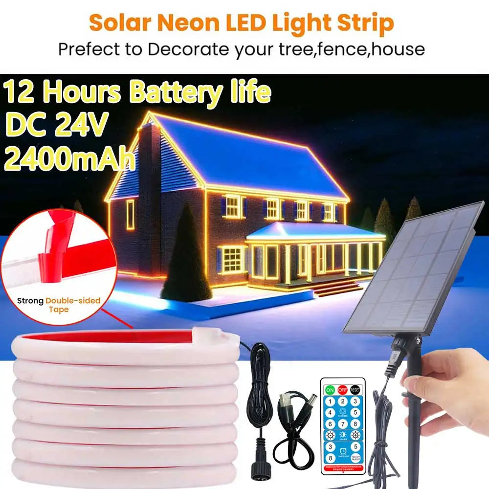 Solar Strip Ligh 24V COB Solar Neon Light Strips Waterproof IP65 Flexible Warm White High Density Linear Lighting COB LED Lights
