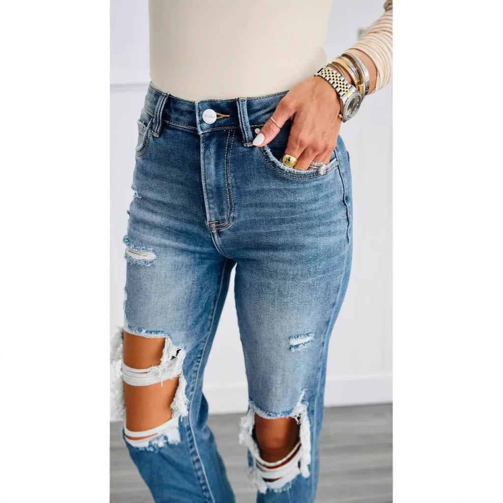 Women High Waist Hole Patched Simple Basic High Waist Simple Basic Denim Pencil Pants American Style New Fashion Female Jeans
