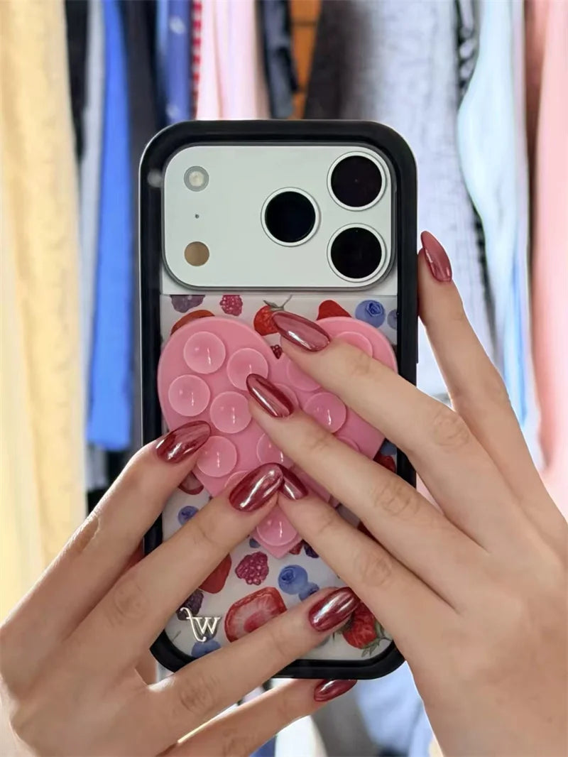 Wildflower Love sucker sucking disc strawberry Phone Case for iPhone 17 16 15 14 13 12 Pro Max Star suction cup Stickers Cover