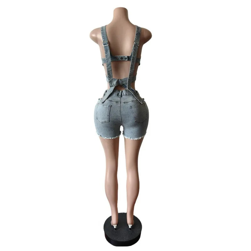 Personality and Sexy Denim Two-piece Summer Set for Women.Strapless Strappy Short Top+High-waisted Hollowed-out Design Shorts