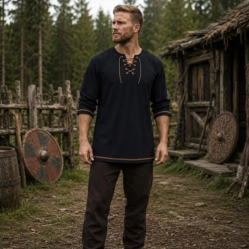 Men Medieval Lace Up Linen Long Sleeve Tunic Viking Pirate Renaissance Cosplay Shirt With Vintage Embossed Leather Belt