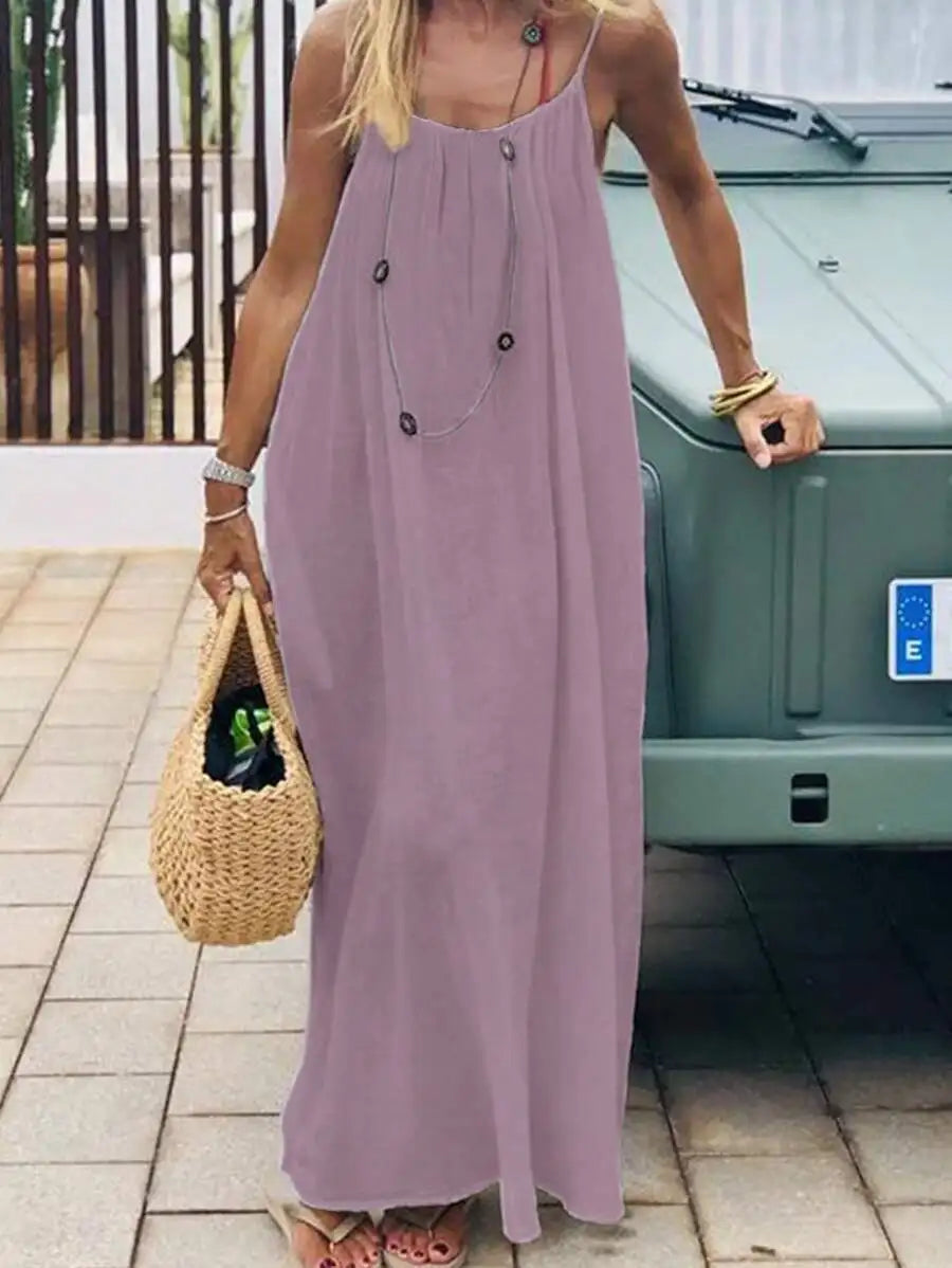 2026 New European & American Cross‑border Women’s Wear, Solid Color Loose Casual Versatile Slip Backless Maxi Dress