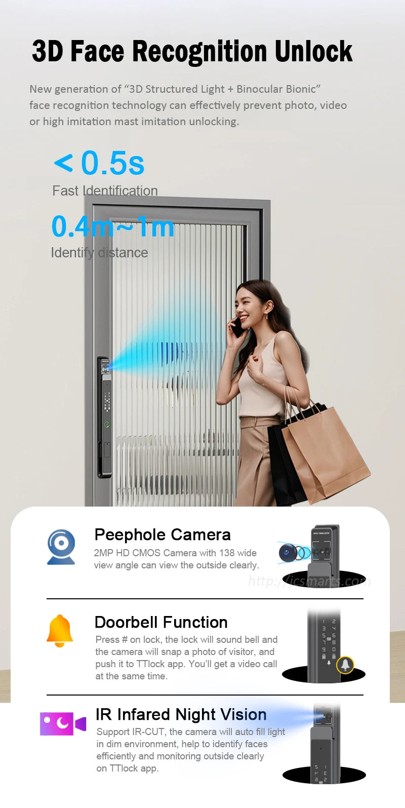 Waterproof 3D Face Recognition smart Door Lock TTlock WiFi Unlock Digital Smart Lock Fingerprint Key Card Nfc Phone Unlock Lock