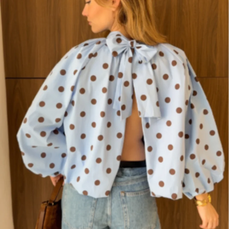  Women High Neck Puff Sleeve Blouse Light Blue Polka Dot Loose Fit Casual Top Stylish Girl Summer Date Commuter Casual Clothes