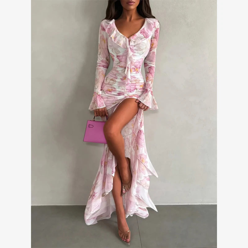 Women Floral Print Short Sleeve Maxi Dress Fashion V-neck Ruffle Trim Belted Slit Hem Dresses Casual Lady Daily Vacation Gowns