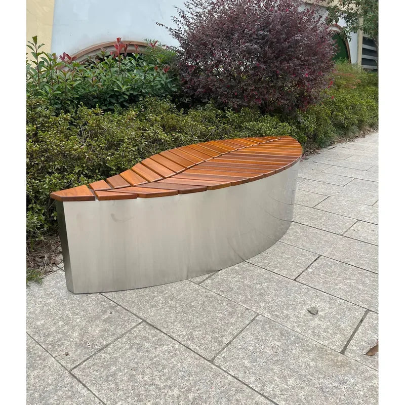 Thermal Designer Wooden Bench with Stainless Steel Frame Dual-Purpose Indoor Outdoor Seating Leaf-Shaped Wooden Slat Seat