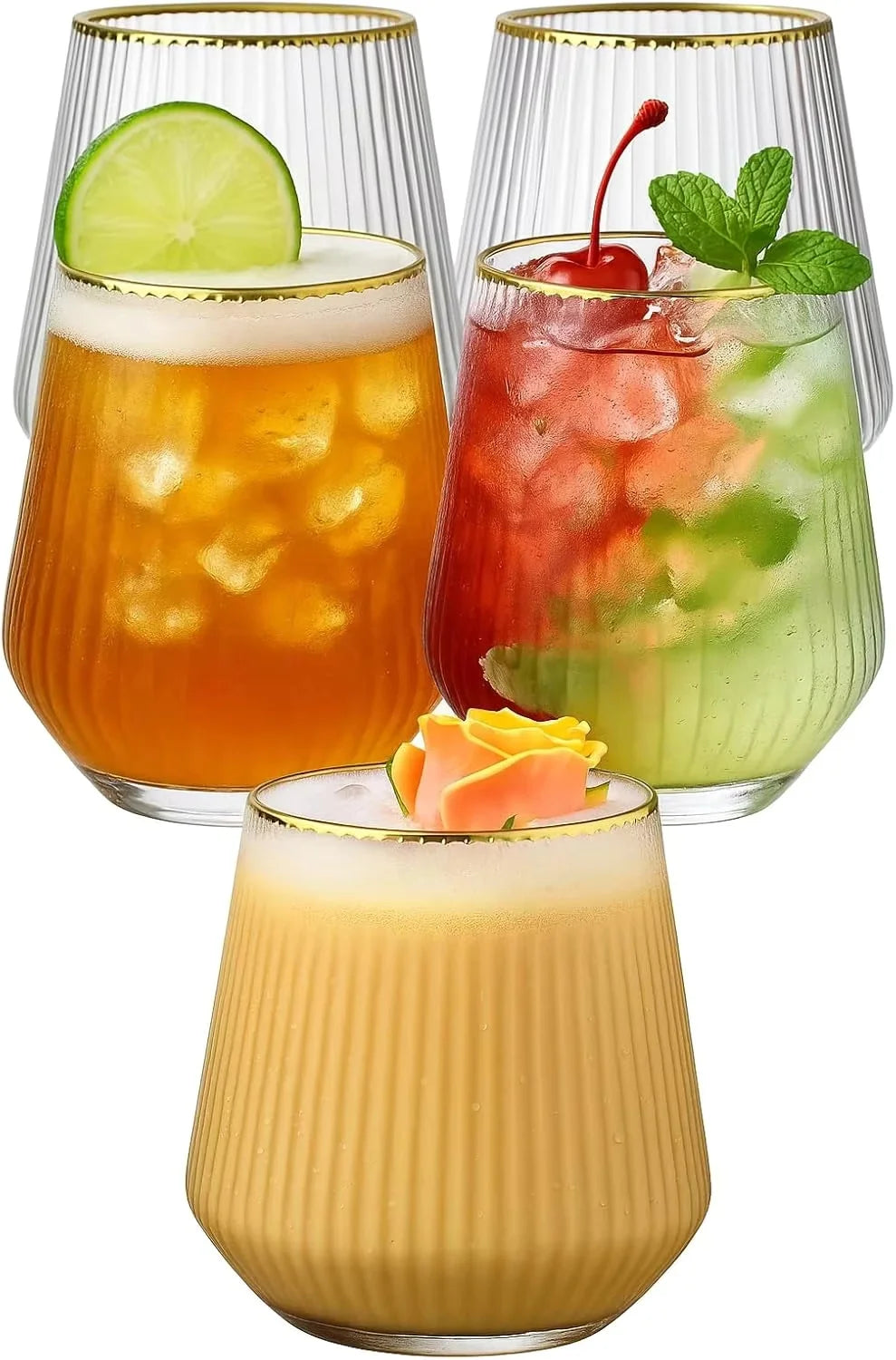 12-48Pcs 14oz Plastic Ribbed Wine Glasses Disposable Stemless Wine Glasses Plastic Cocktail Glasses for Party Unbreakable