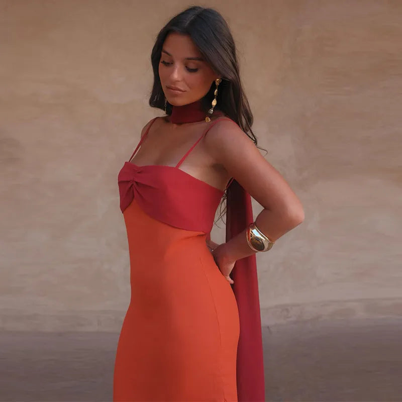 Color Block Twist Bust Slit Maxi Dress Spaghetti Strap Form-Fitting 2026 Summer Fashion Chic Bold Women Wedding Guest Gala Dress