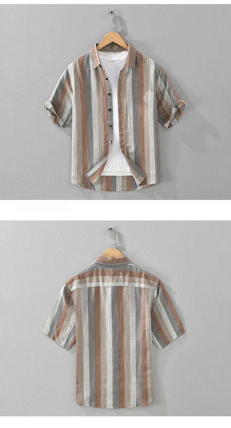 Summer New Linen and Lyocell Cooling Striped Half Sleeve Shirt for Men Casual Turn-down Collar Shirt  EC1292