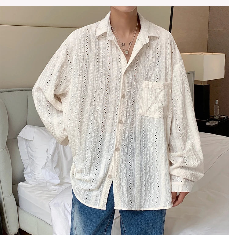Personalized Shirts Men Handsome Lapel Men Blouse Vacation Hollow Out Sexy Fashion Men Clothing Male Mesh Long Sleeve Shirts