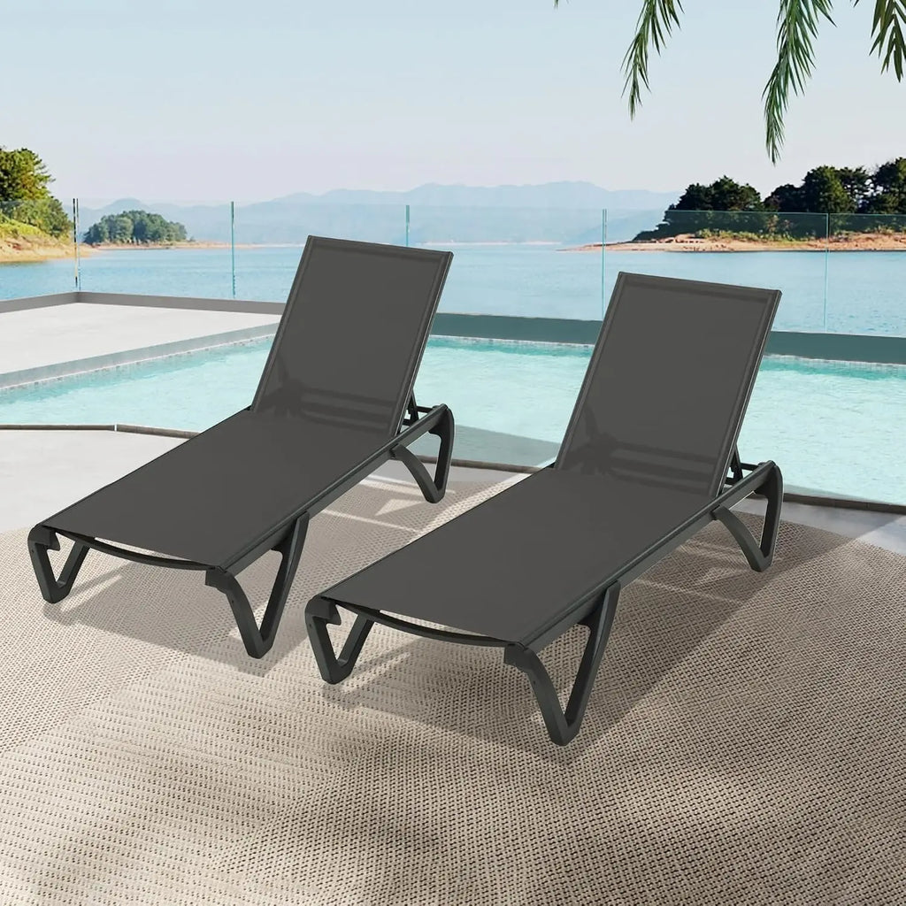 2 Pack Aluminum Outdoor Chaise Lounge,With Wheels,5 Position Adjustable,All Weather Pool Patio, Custom