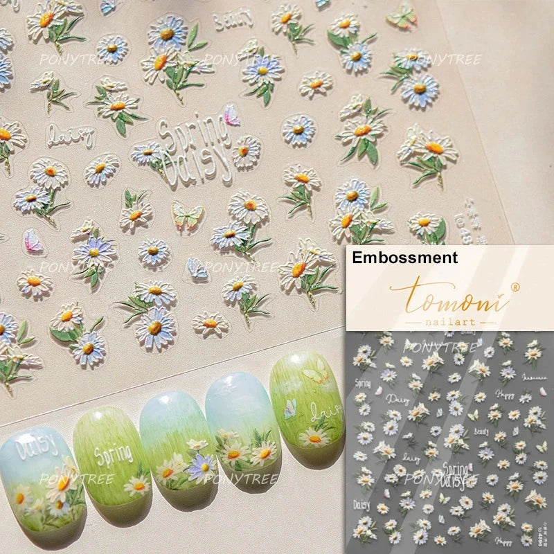 Gold Stamped Frame Oil Painting Style Sunflowers Metal Bead 3D Self Adhesive Nail Art Stickers Autumn Manicure Decals Wholesale