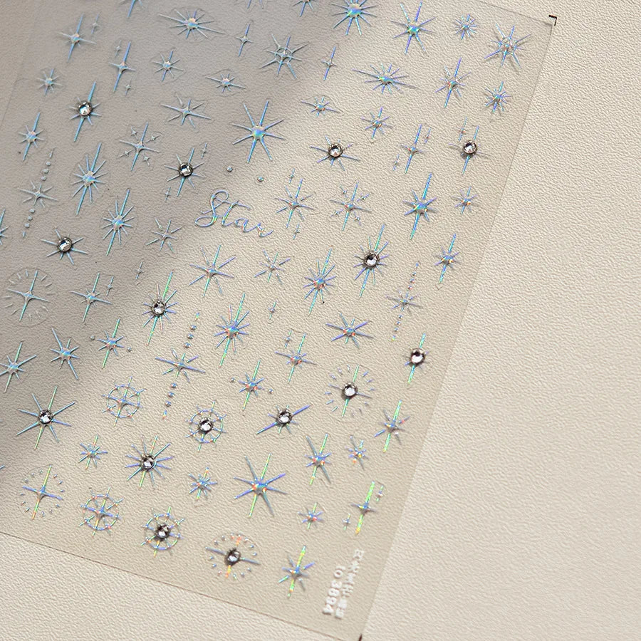 Luxury Diamond Gold Sliver 5D Bronzing Star Nail Sticker Shiny Laser Starlight Nail Decals 8*10cm Self-Adhesive Nail Decorations