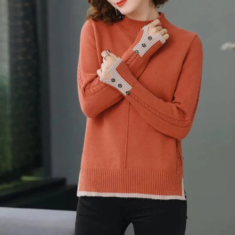 New Korean Women Base Sweater Loose Contrast Color Ladies Half High Neck Split Spring Autumn Pullover Sweaters Pull Tops Femme