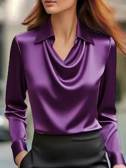 Women Long Sleeve Lapel V Neck Satin Blouse Elegant Solid Loose Shirt Spring Summer Simple Chic Offce Lady Tops Fake Silk Shirt