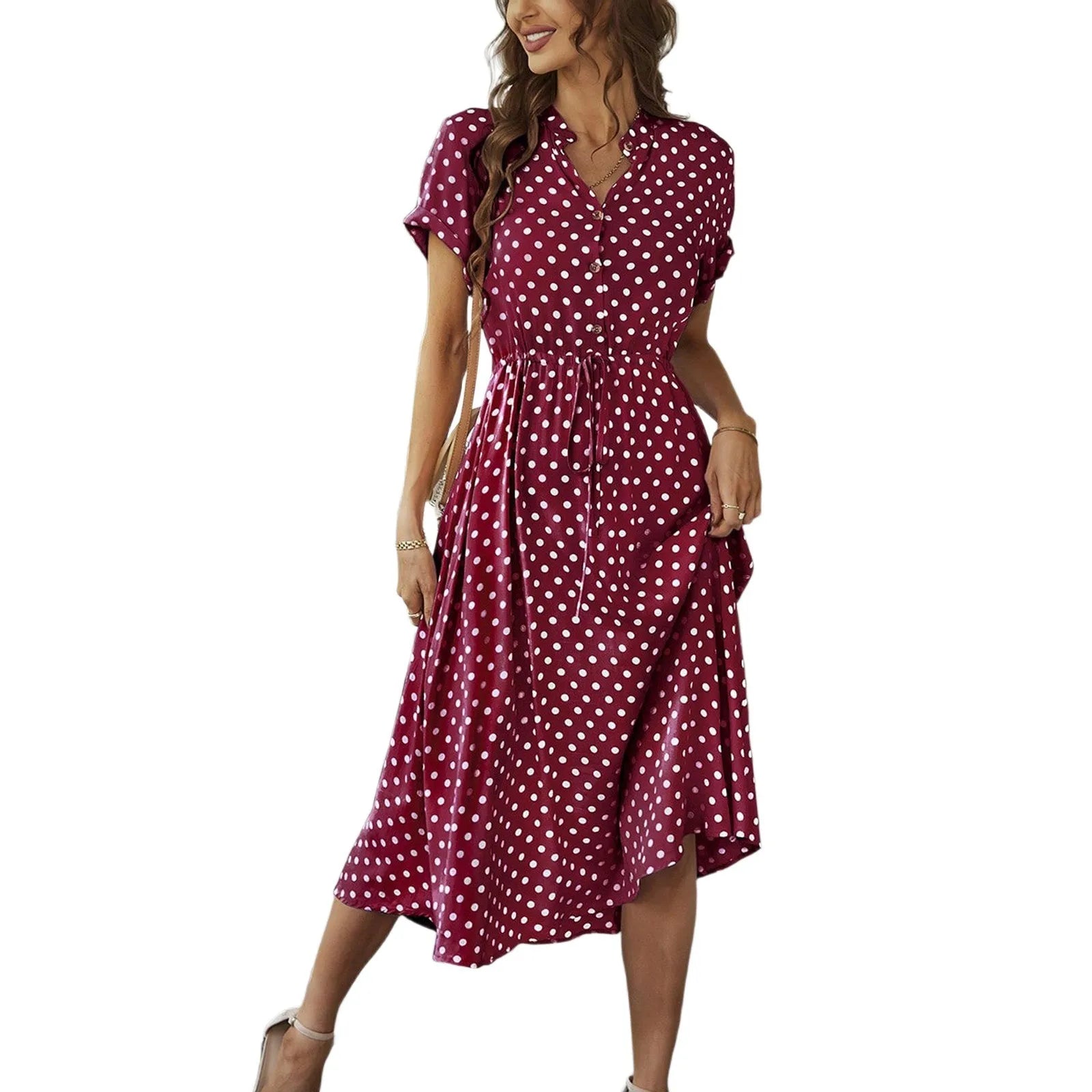 Elegant retro polka dot dress Women's Summer Midi Dress V Neck Single Breasted Short Sleeve Dresses Fashion Print Dress