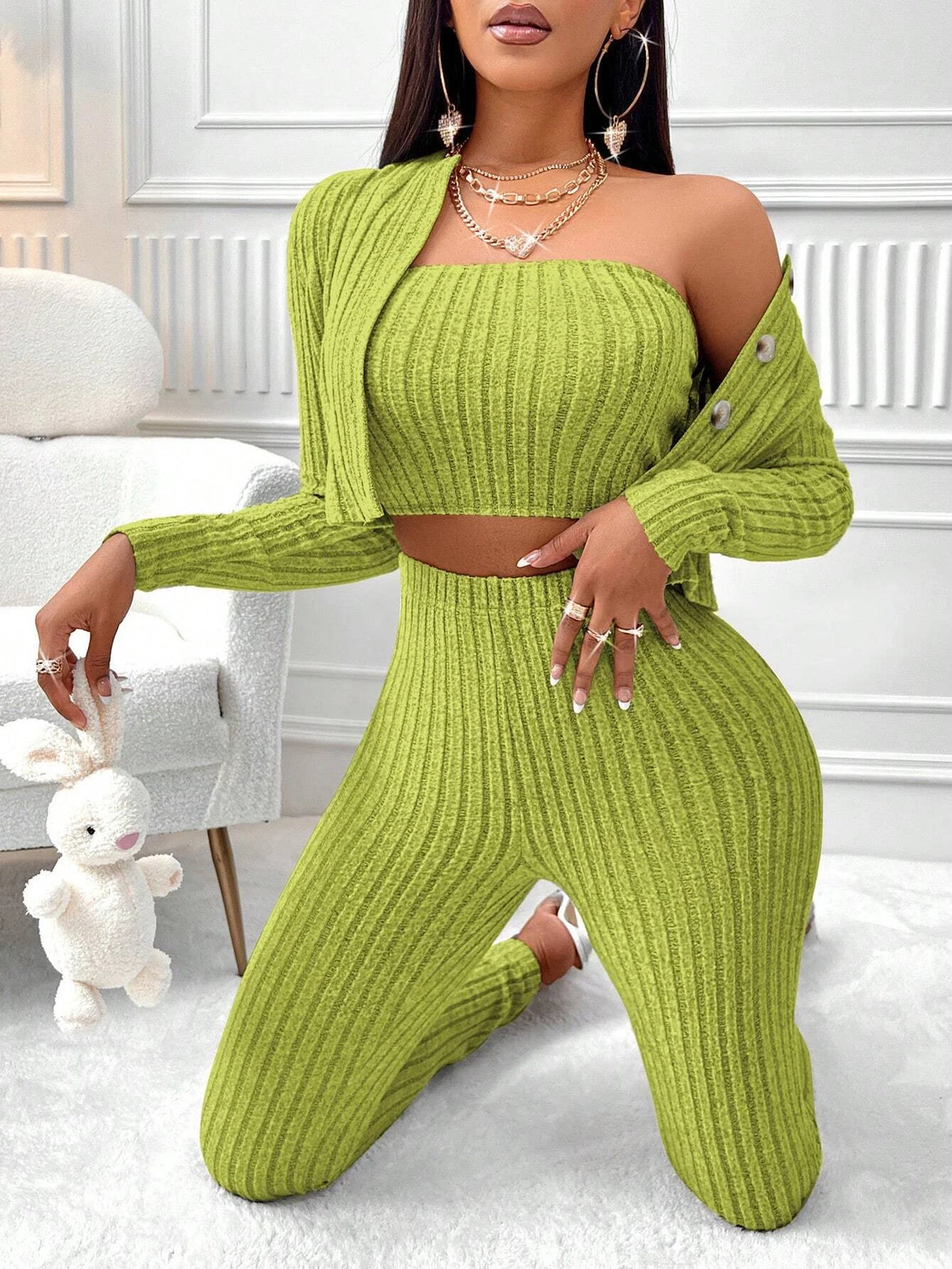 3-Piece Set of Solid Color Camisole, Front-Button Jacket, and Leggings