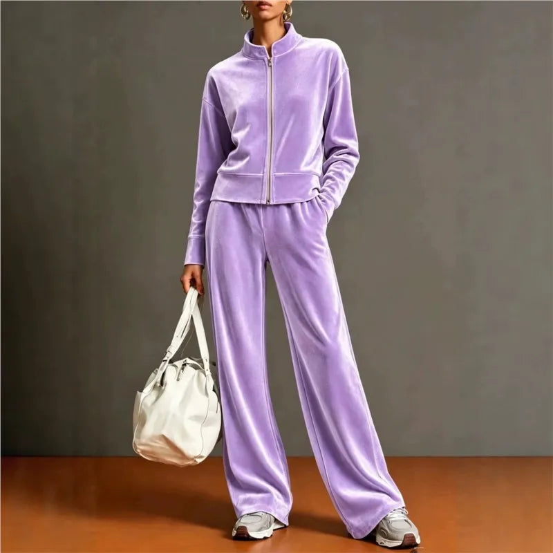Women Solid Color Velvet 2 Piece Set Stand Collar Full Zip Jacket Wide Leg Pant Casual Sport Matching Outfit Autumn Winter Set