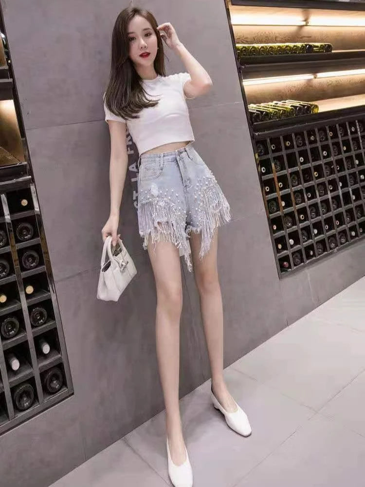 2026 Stylish High Waist Denim Shorts Women's Crystal Studded Fringe Detailed Craftsmanship Summer Fashion Shorts