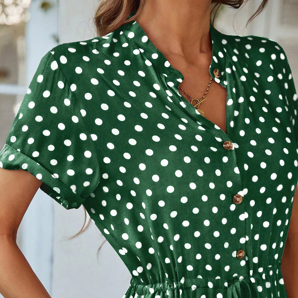 Elegant retro polka dot dress Women's Summer Midi Dress V Neck Single Breasted Short Sleeve Dresses Fashion Print Dress