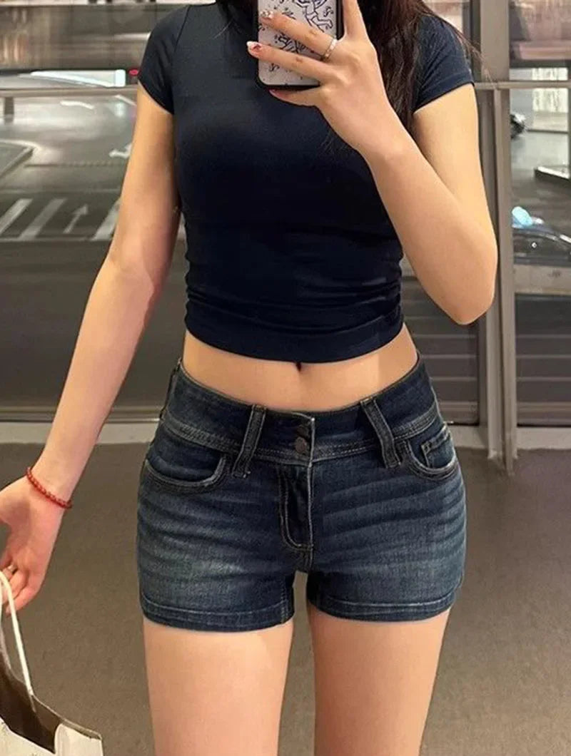 Retro Roll Up Hem Deep Blue Denim Shorts Women Summer Sexy Low Rise Hip Covering Hot Pants American Distressed Washed Jean Short