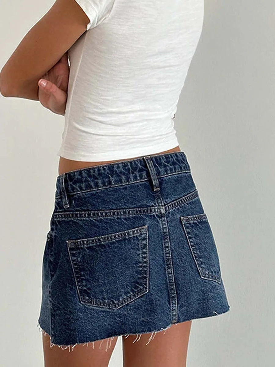 New Womens Denim Mini Skirts Low Waist Raw Hem Casual Fashion Jean Skirts For Summer Club Street Style S-2XL