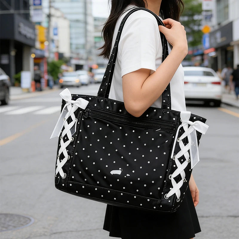 Japanese Polka Dot Shoulder Bag, Sweet Cute Large-capacity Ita Bag, Bow Lace Tie Design Handbag Fashion Lightweight Laptop Bag