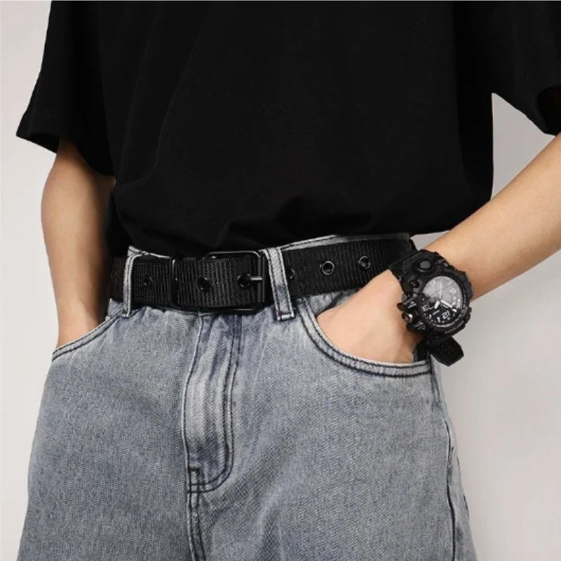 Men's Belt Porous Canvas Pin Buckle Leather Belt Outdoor Sports Belt Women's Trendy Eyelet Belt With Jeans Belt For Men Women