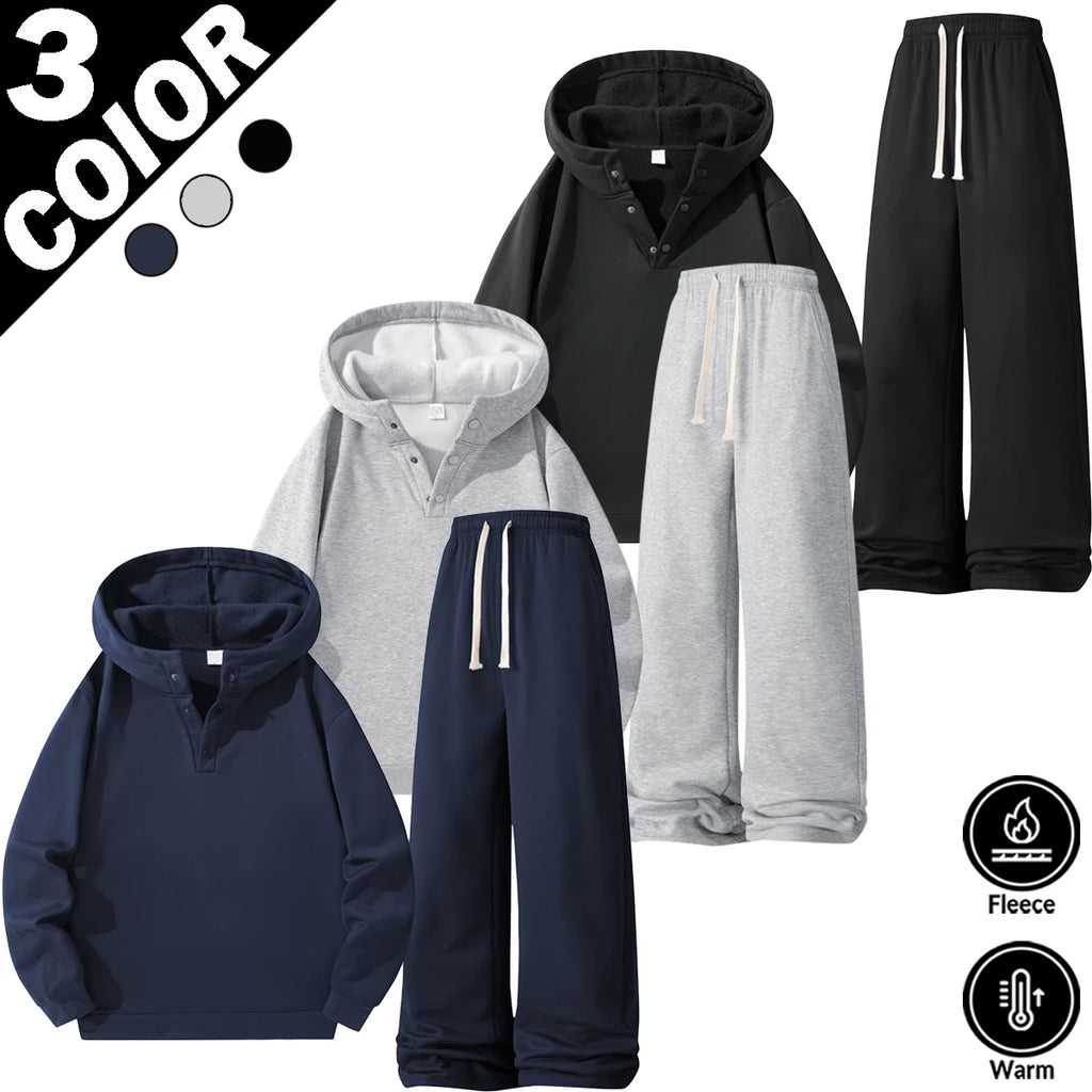 Men Fleece Lined Tracksuit 2‑Piece Set Henley Button Hoodie Sweatshirt Wide Leg Sweatpants Casual Warm Outfit 3 Colors Available