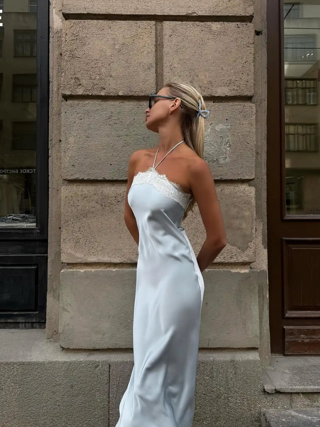 Women's Blue Satin Lace Trim Halter Neck Maxi Dress Elegant Sleeveless Backless Slim Long Robes 2026 Female Evening Party Gowns